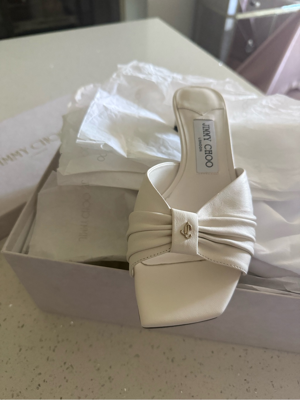 Jimmy Choo Leather Annika Mule Latte Slide Mules With Knotted Bow Size 36 Bnwt